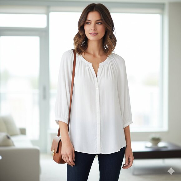 Aritzia Babaton Blouse 3/4 Length Bishop Sleeve Button Flowy White Size XS - Picture 1 of 13